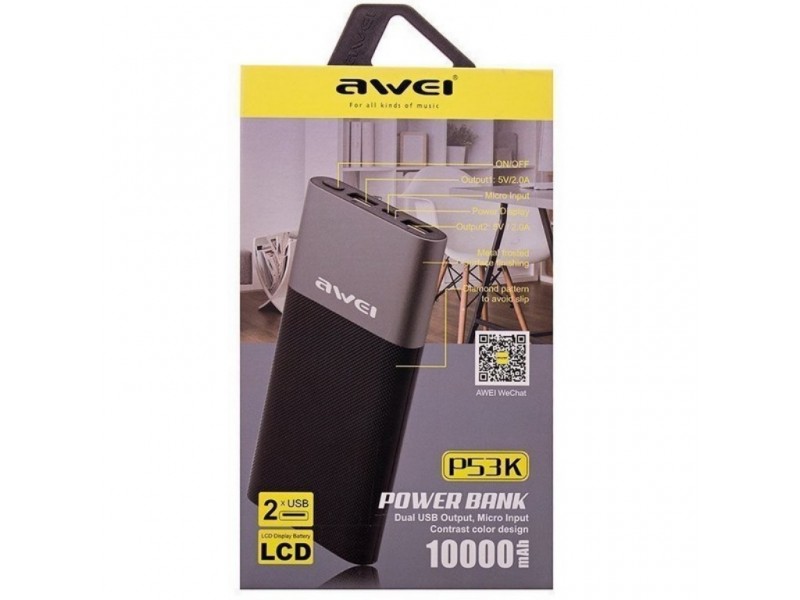 Универсальный дополнительный аккумулятор AWEI P53K power bank (10000 mAh)