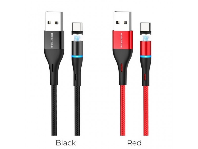 Кабель USB - USB Type-C BOROFONE BU16, 3A черный 1,2м (в оплетке, магнитный, LED индикатор)