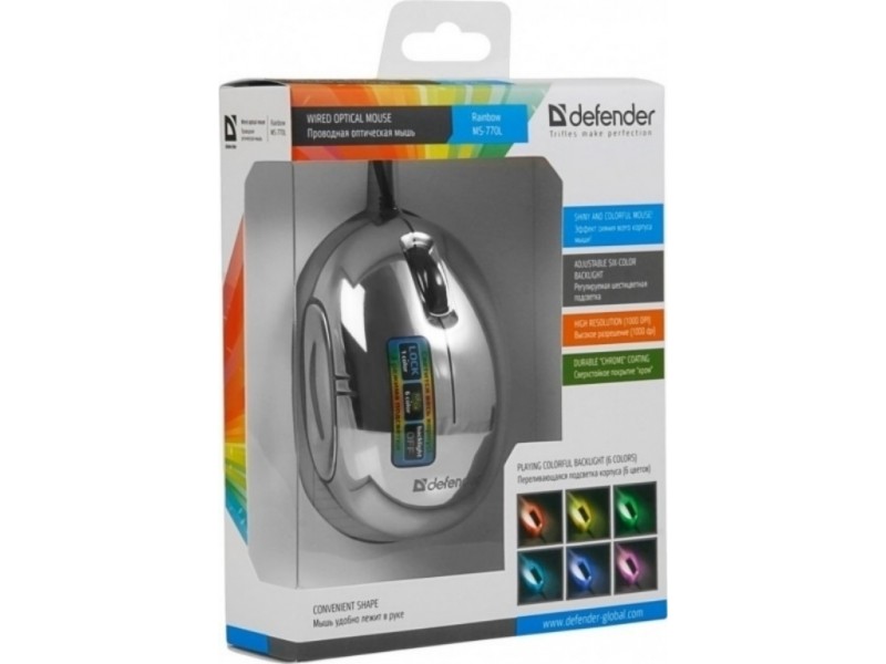 Манипулятор Defender Rainbow Optical Mouse MS-770L Chrome  (RTL)  USB  3btn+Roll 52770