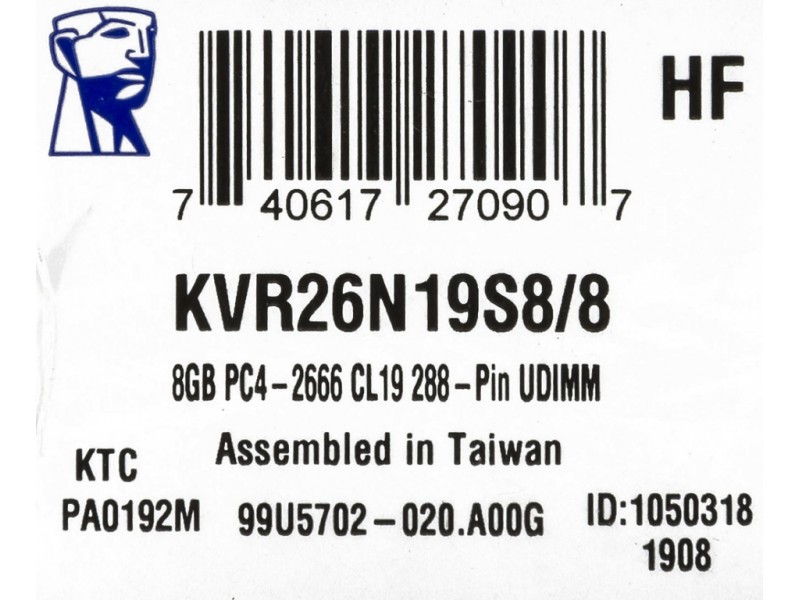 Память DDR4 8Gb 2666MHz Kingston KVR26N19S8/8 VALUERAM RTL PC4-21300 CL19 DIMM 288-pin 1.2В single r