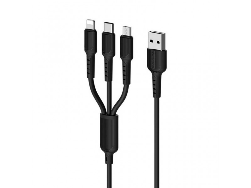 Кабель USB 3 в 1 BOROFONE BX16 Type-C/Lightning/MicroUSB 2.4A (черный) 1 метр