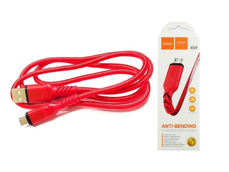 Кабель USB - MicroUSB HOCO X59 2,4A красный 1м (оплетка)