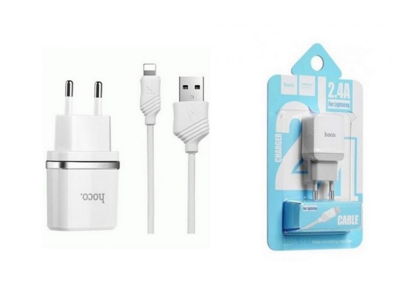 СЗУ  USB 2400mAh + кабель iPhone 5/6/7 HOCO C22А белый