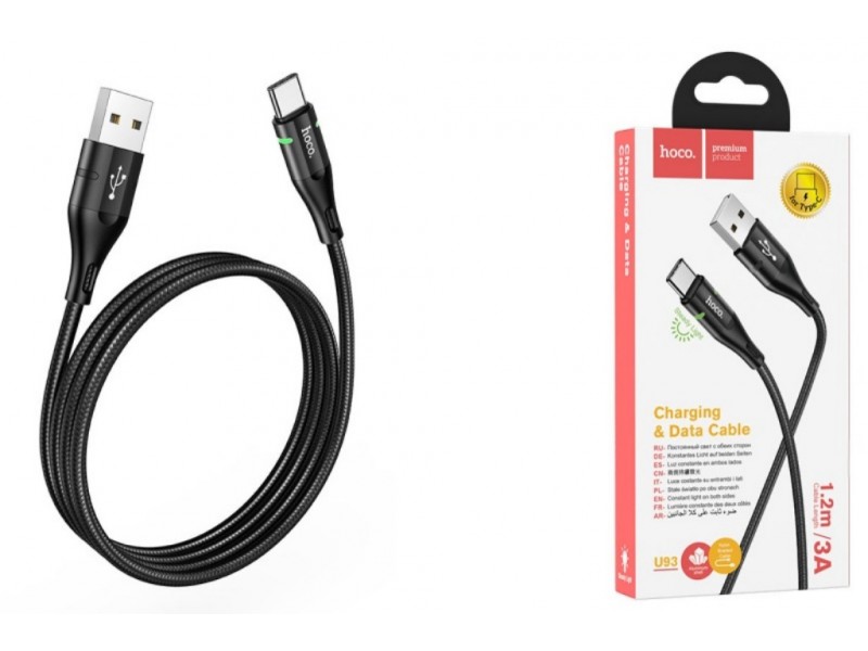 Кабель USB - USB Type-C HOCO U93, 3A (черный) 1,2м (в оплетке, LED индикатор)