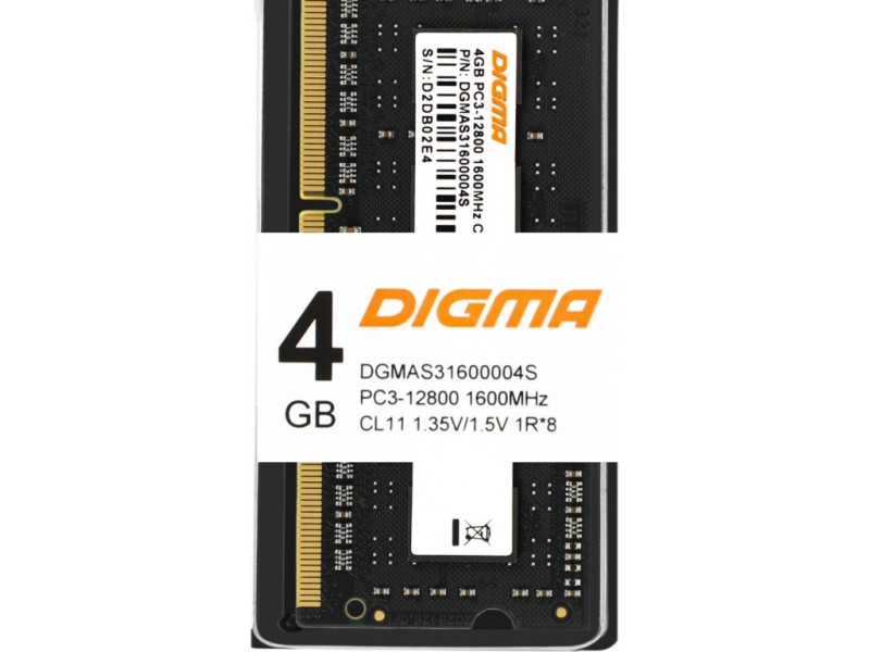 Память DDR3L 4Gb 1600MHz Digma DGMAS31600004S RTL PC3-12800 CL11 SO-DIMM 204-pin 1.35В single rank R
